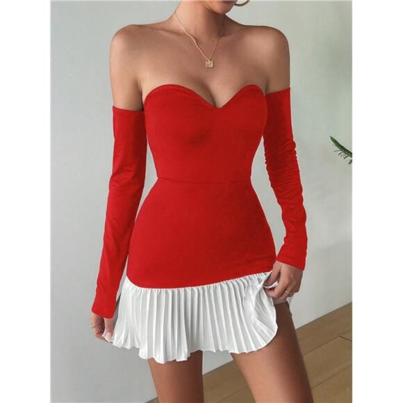 1pc Women's Random Pleat Color Block Strapless Dress, Fashionable - Picture 1 of 6